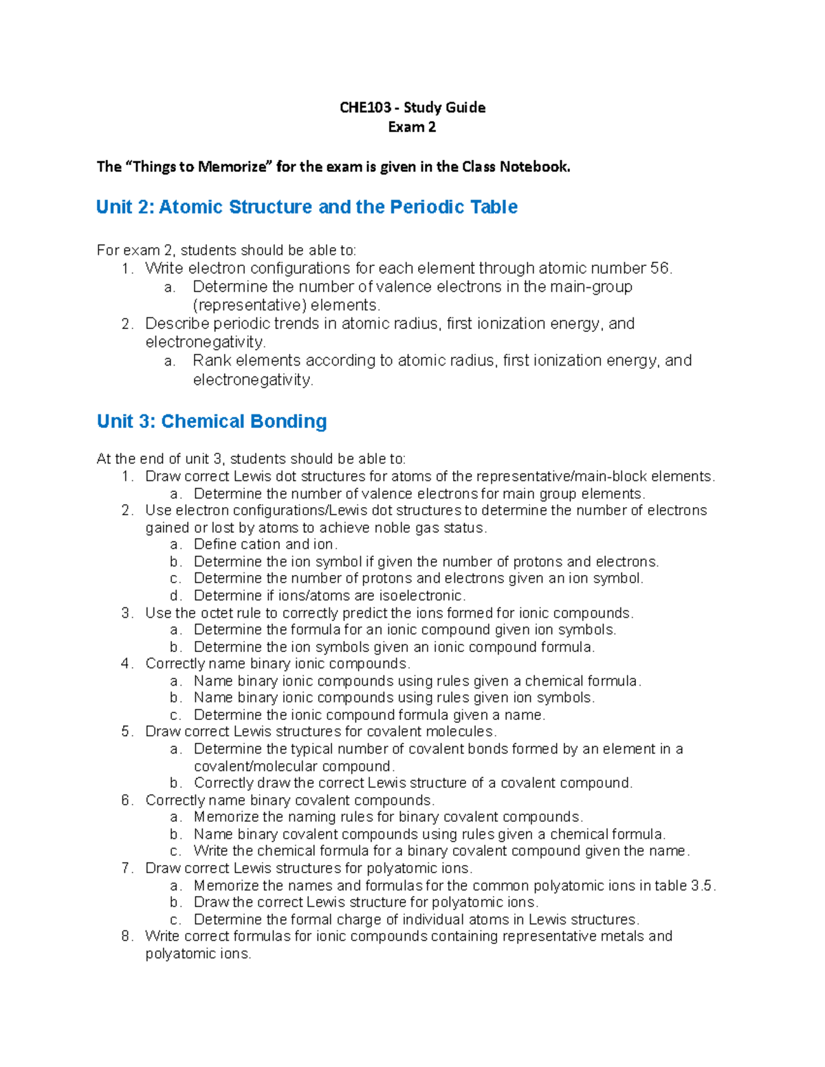 CHE103 Exam 2 Study Guide: Atomic Structure & Chemical Bonding - Studocu