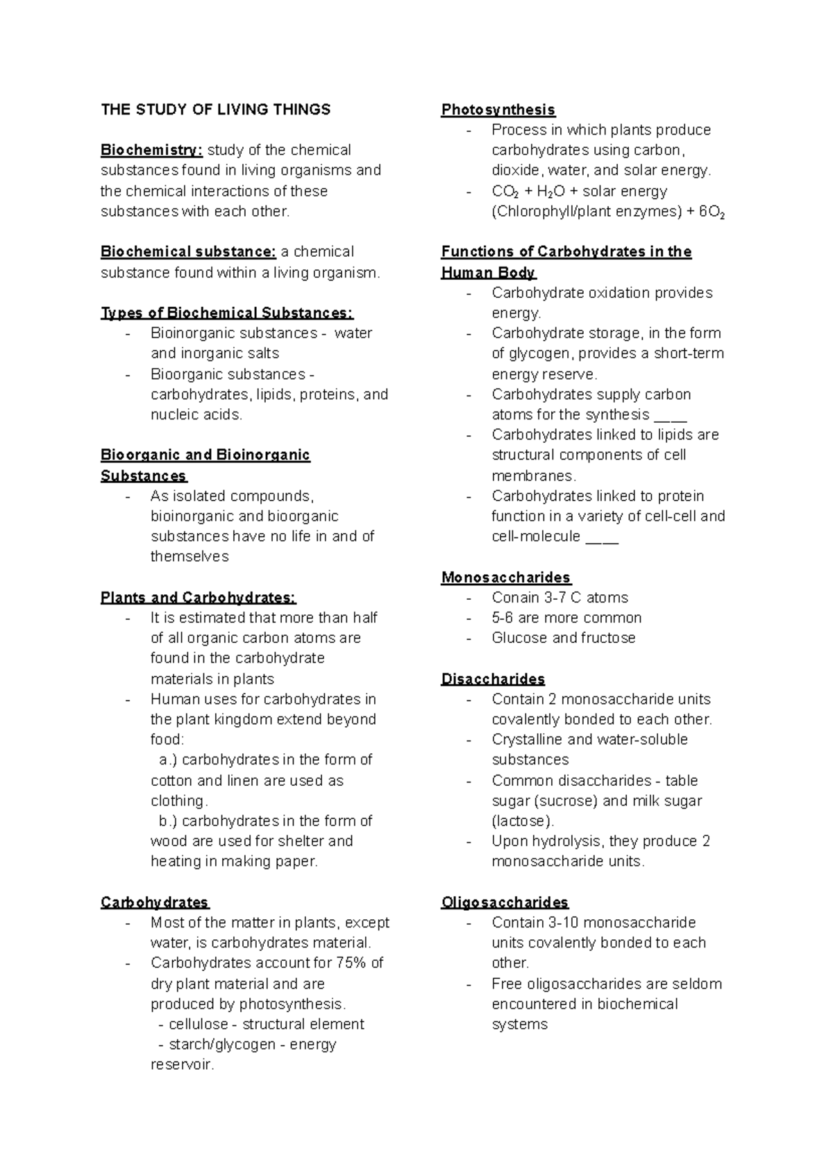 Biochem 101: Study Notes on Living Organisms and Carbohydrates - Studocu