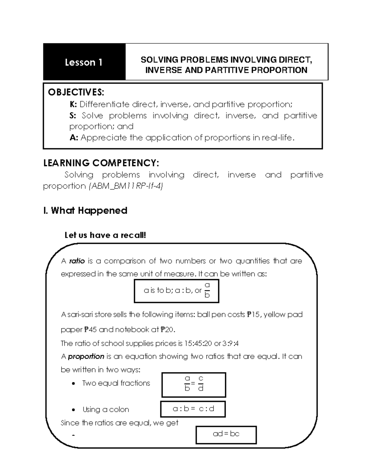 ABM_BM11RP-If-4 Q1 Week 4: Proportion and Problem Solving Lesson - Studocu