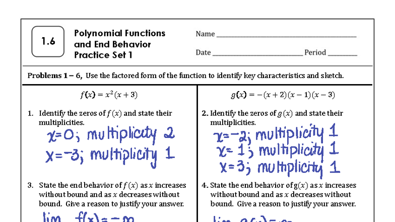 Polynomial Functions and End Behavior Practice Set 1 (MATH 101) - Studocu