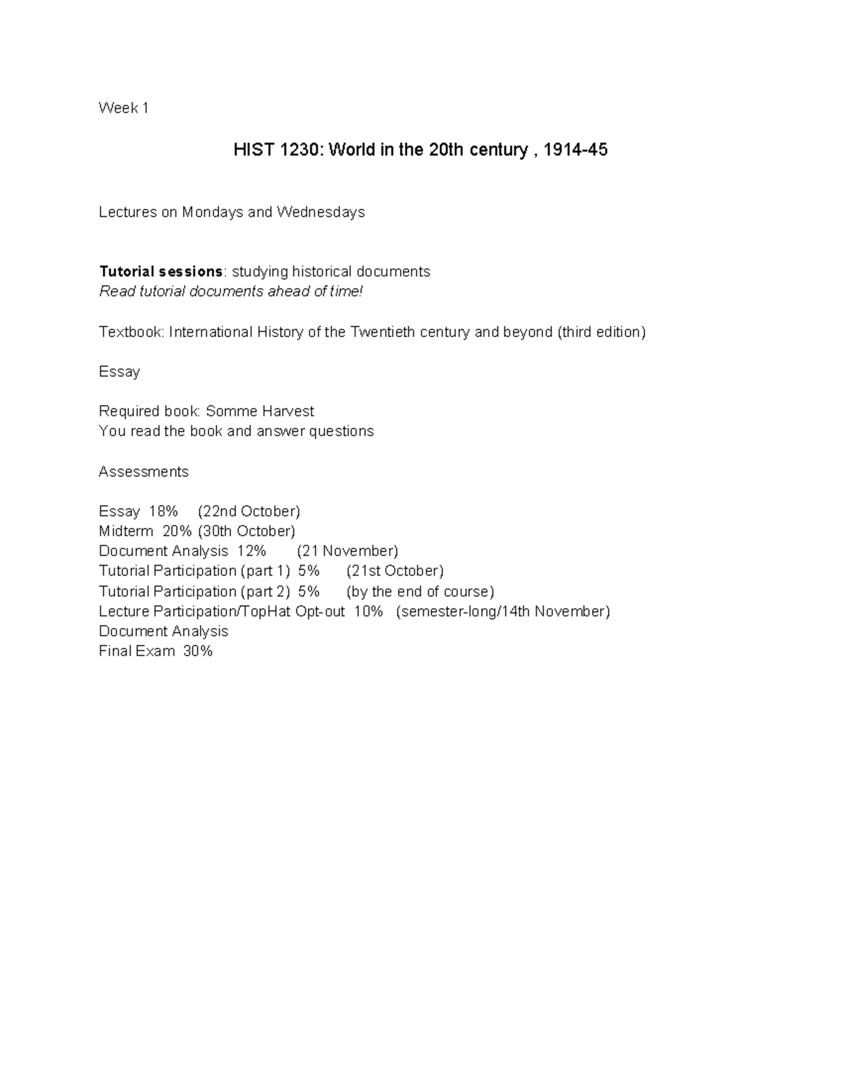 HIST 1230: Week 1 Lecture Notes on 20th Century History - Studocu