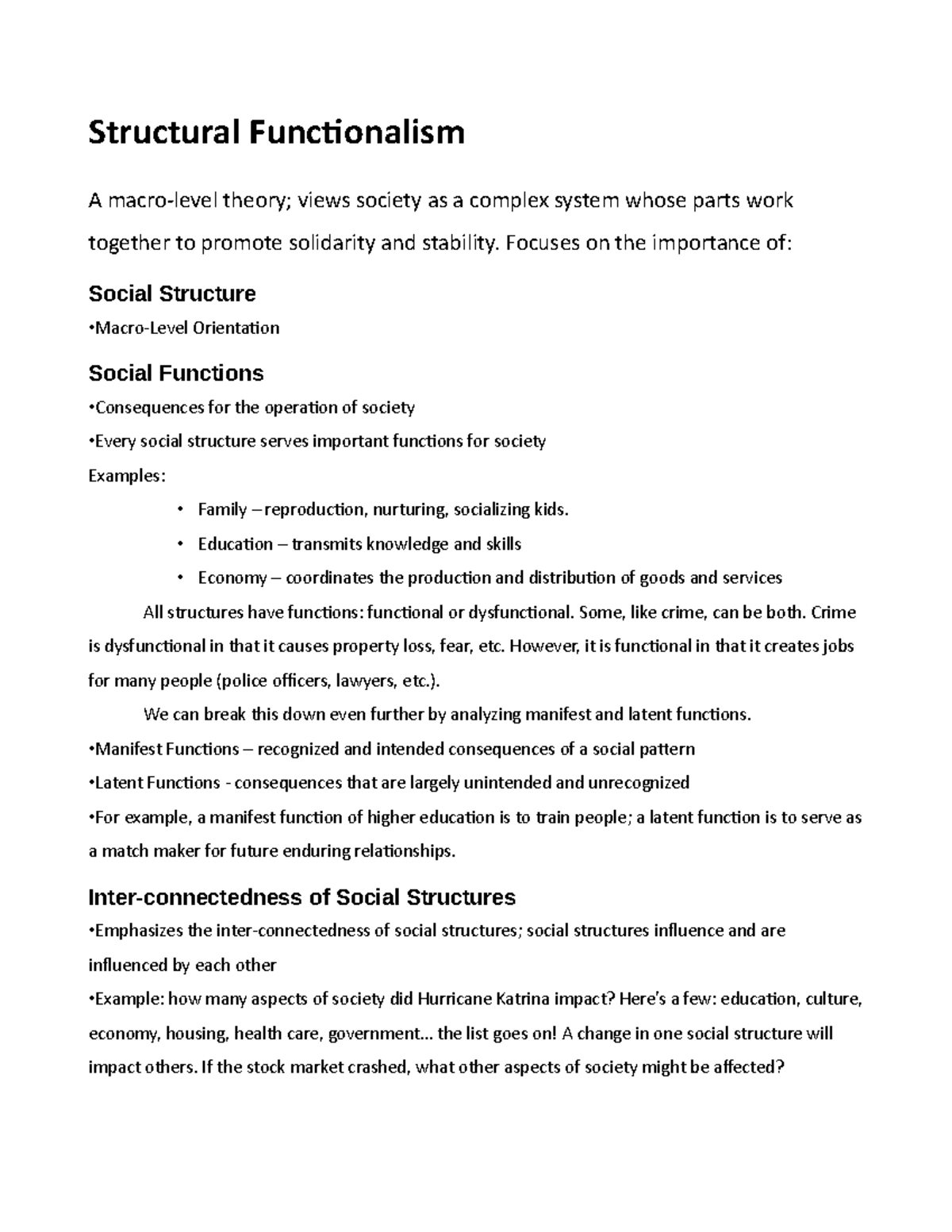 Structural Functionalism Overview Notes - A Macro-Level Perspective -  Studocu