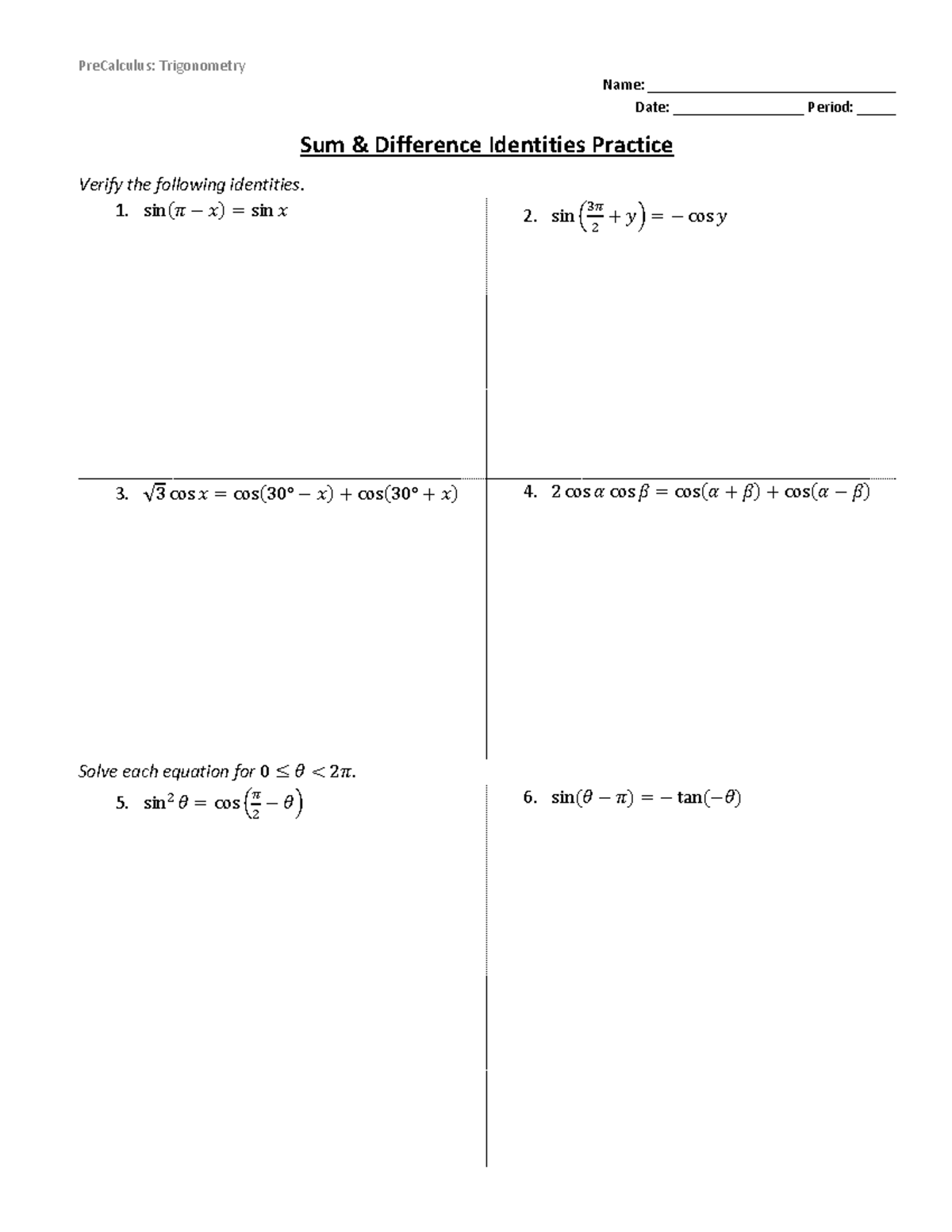 PreCalculus: Trigonometry - Sum & Difference Identities Practice - Studocu