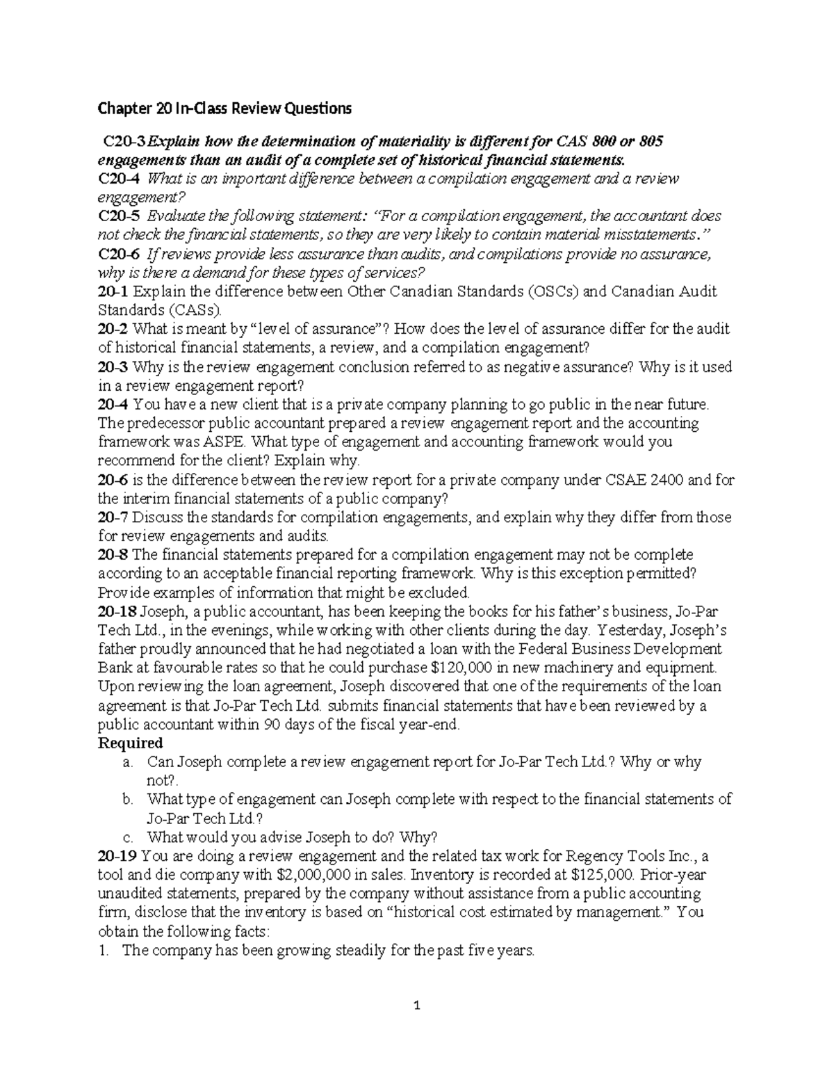 Ch 20 In-Class Review Questions for CAS Engagements and Assurance - Studocu