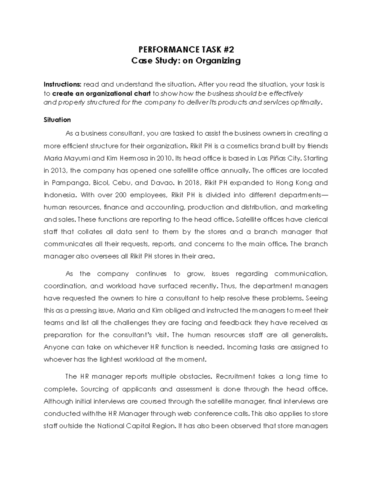 PERFORMANCE TASK 2: Case Study on Rikit PH Organizational Structure ...