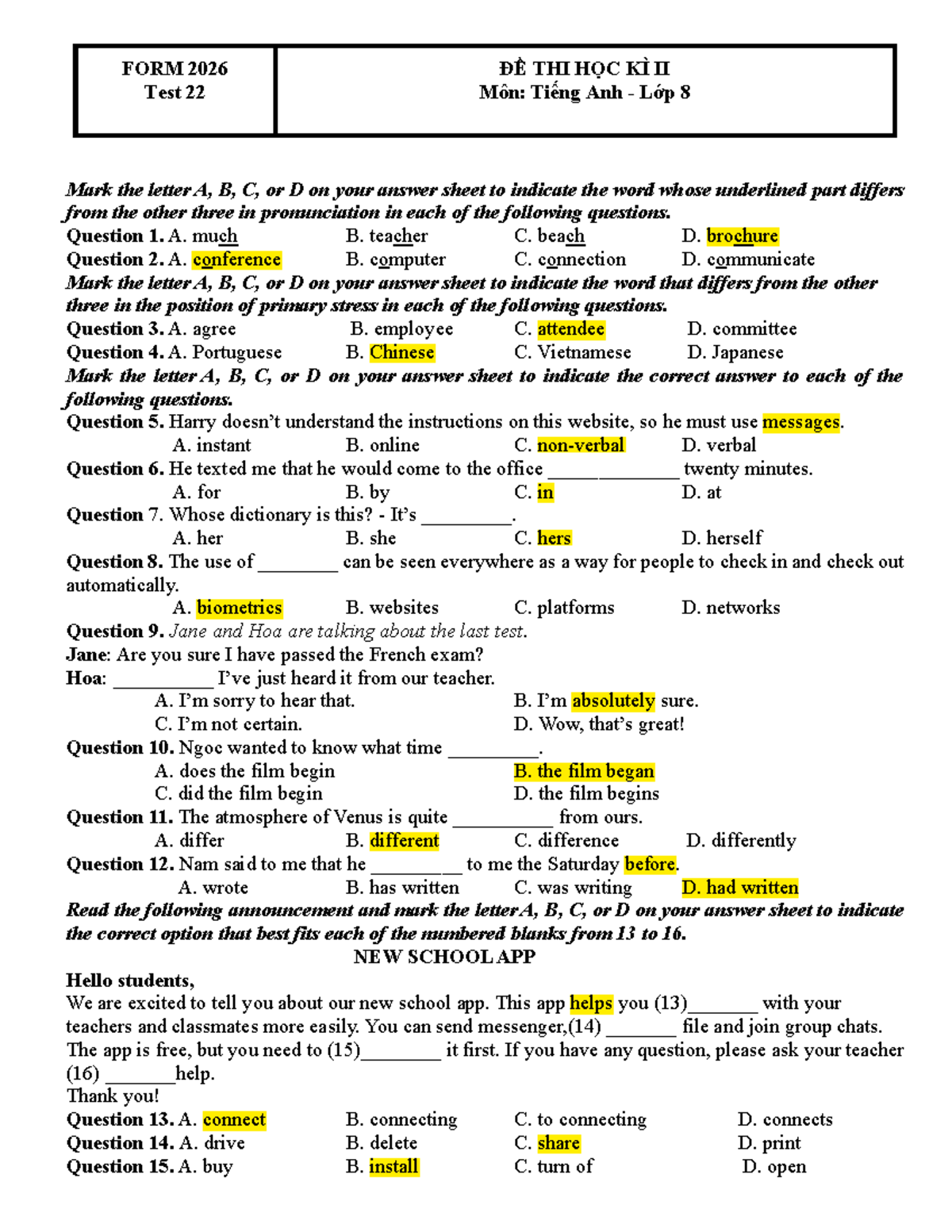 L8 FORM 2026 HK2 Test 22 - Tiếng Anh Lớp 8 Exam Questions - Studocu