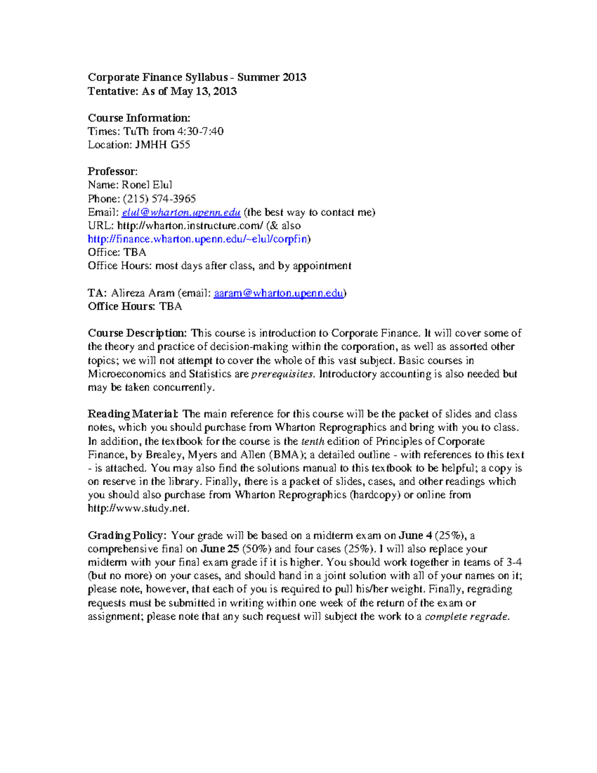 Corporate Finance Syllabus (Course Code: TBD) - Summer 2013 - Studocu