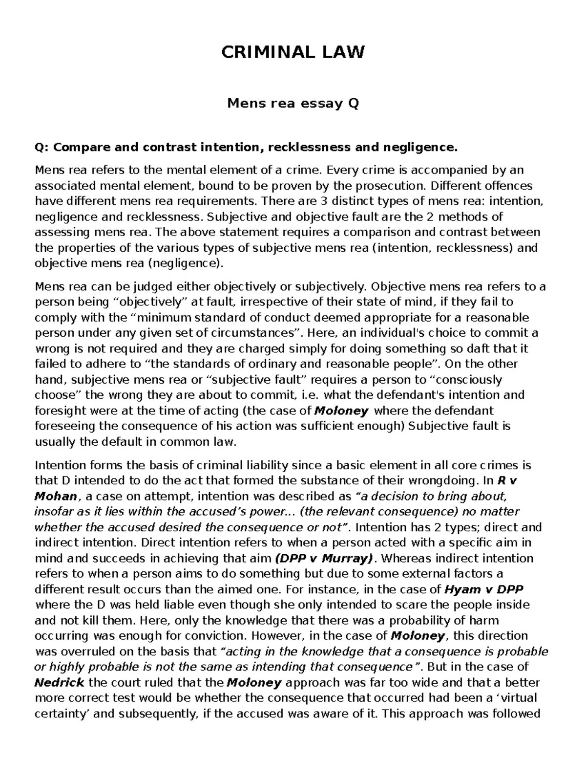 Mens rea essay - CRIMINAL LAW Mens rea essay Q Q: Compare and contrast ...