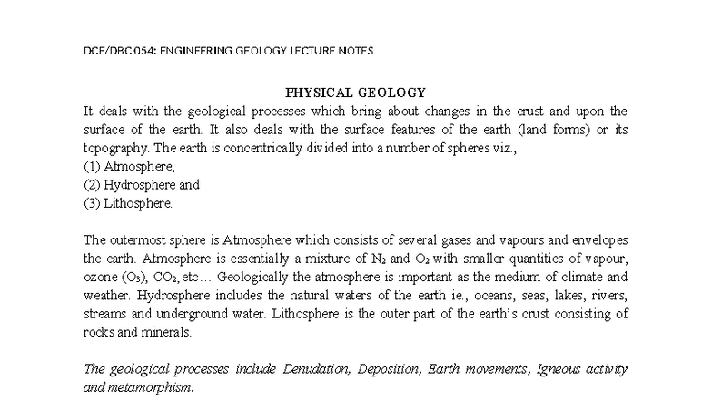 054: ENGINEERING GEOLOGY LECTURE NOTES ON PHYSICAL GEOLOGY - Studocu
