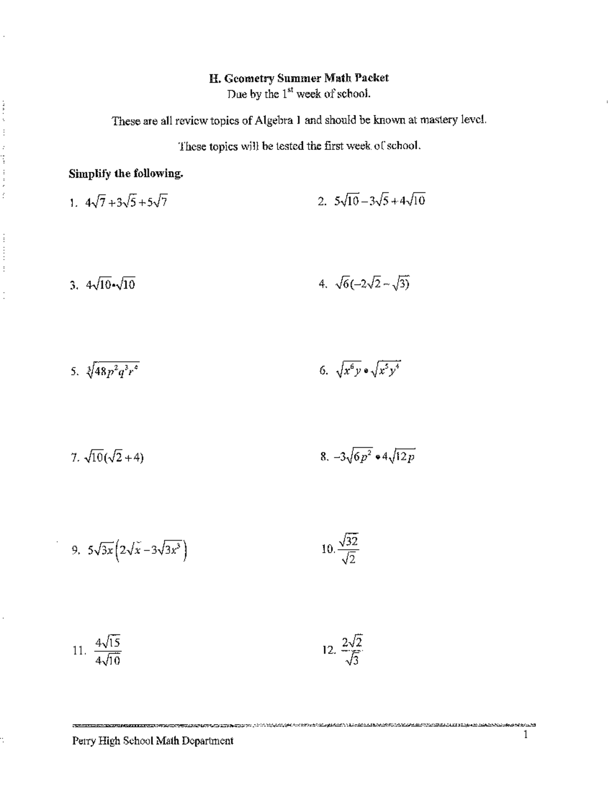 Honors Geometry Summer Assignment - H. Geometry Summer Math Packet Due ...