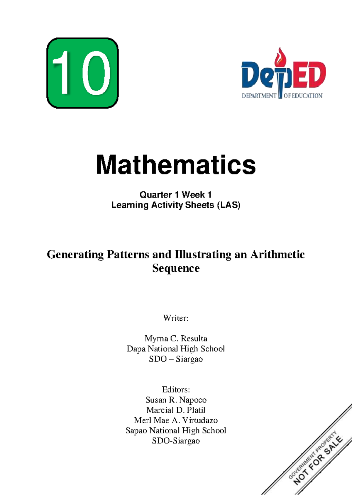 Math 10 Q1 WEEK 1 - Learning Activity on Sequences and Patterns - Studocu