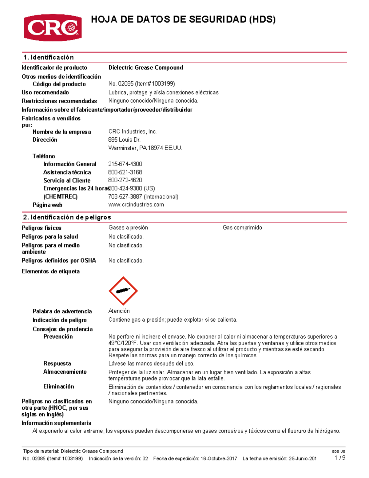 Hoja de Datos de Seguridad (HDS) de Grasa Dielectrica CRC - 02085 - Studocu