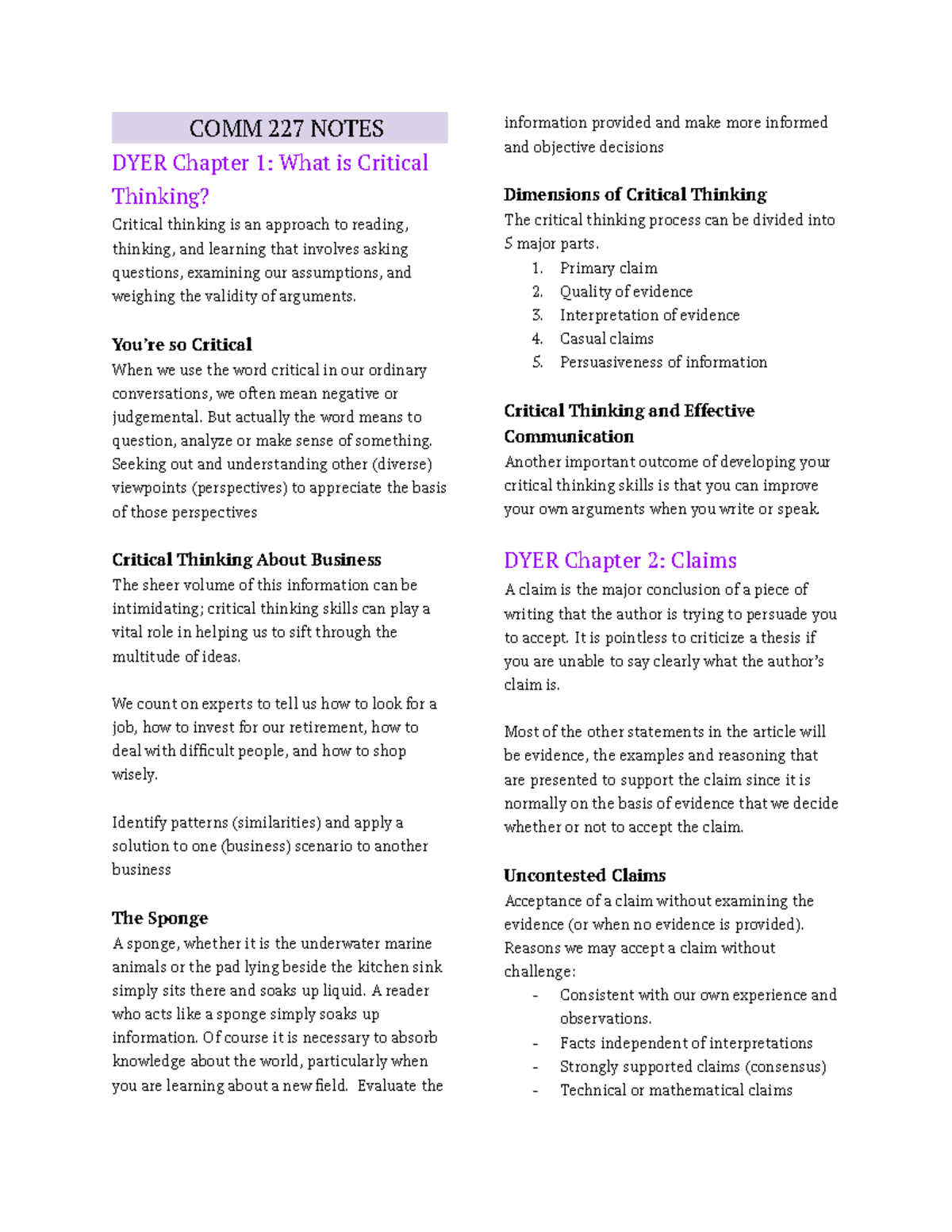 Comm 227 Critical Thinking Notes: Insights from DYER Chapters 1 & 2 ...