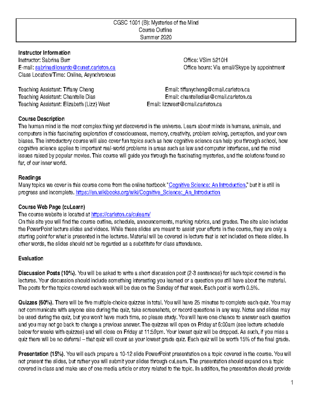 CGSC 1001 Summer 2020 Course Syllabus: Mysteries of the Mind - Studocu