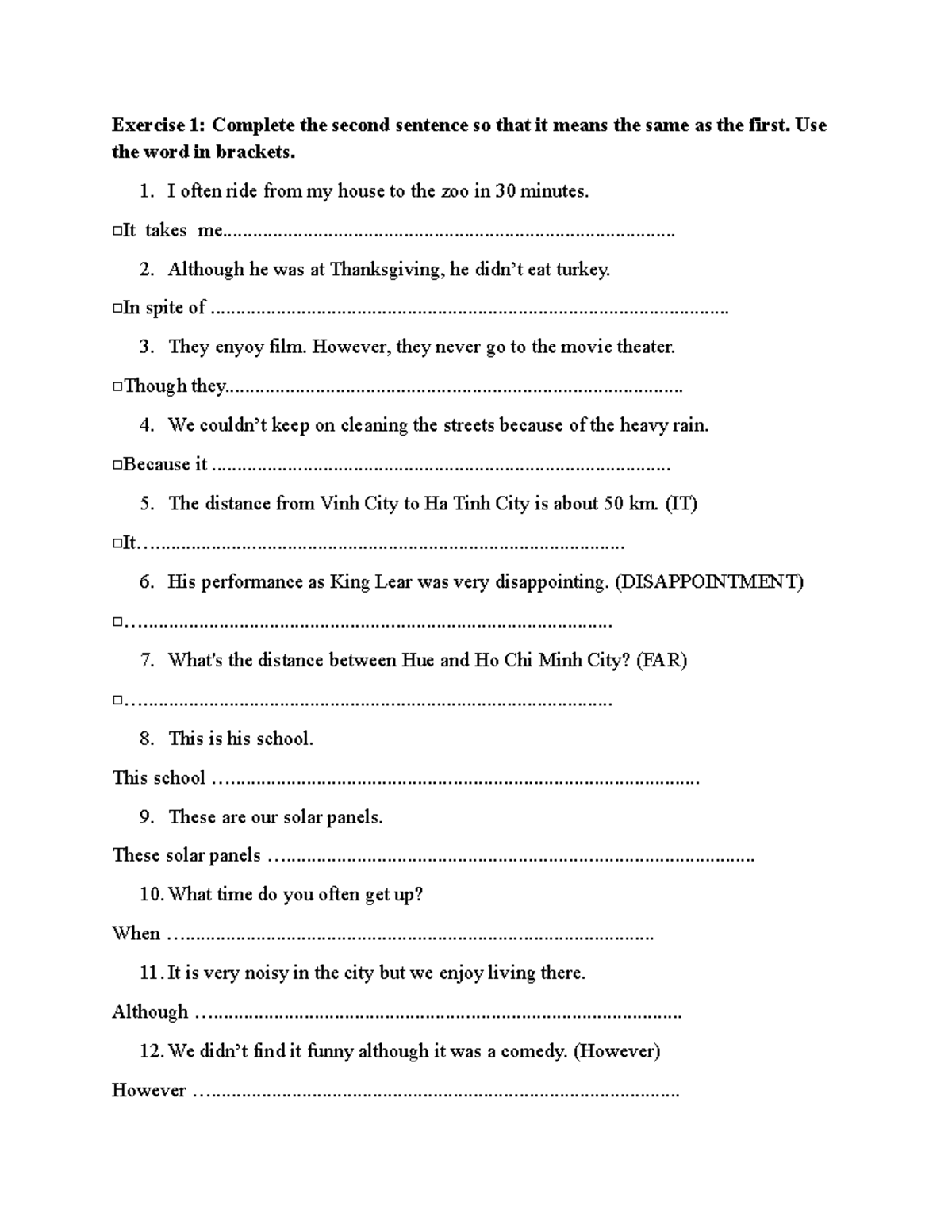 Exercise 1 & 2: Sentence Transformation and Multiple Choice Practice ...