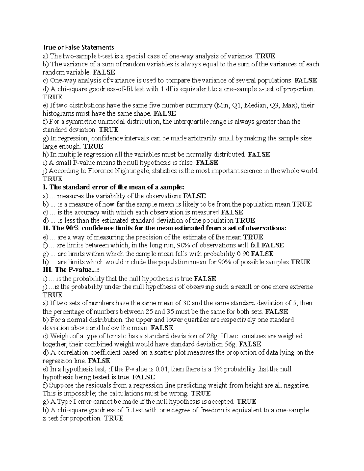 True or False Statements: Analysis of Variance and Regression Concepts ...