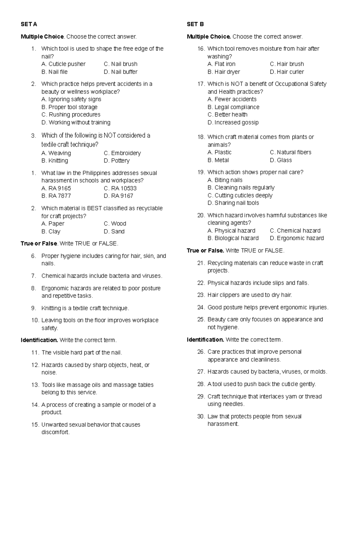 SET A B - Multiple Choice Answer Sheet for Beauty & Wellness - Studocu