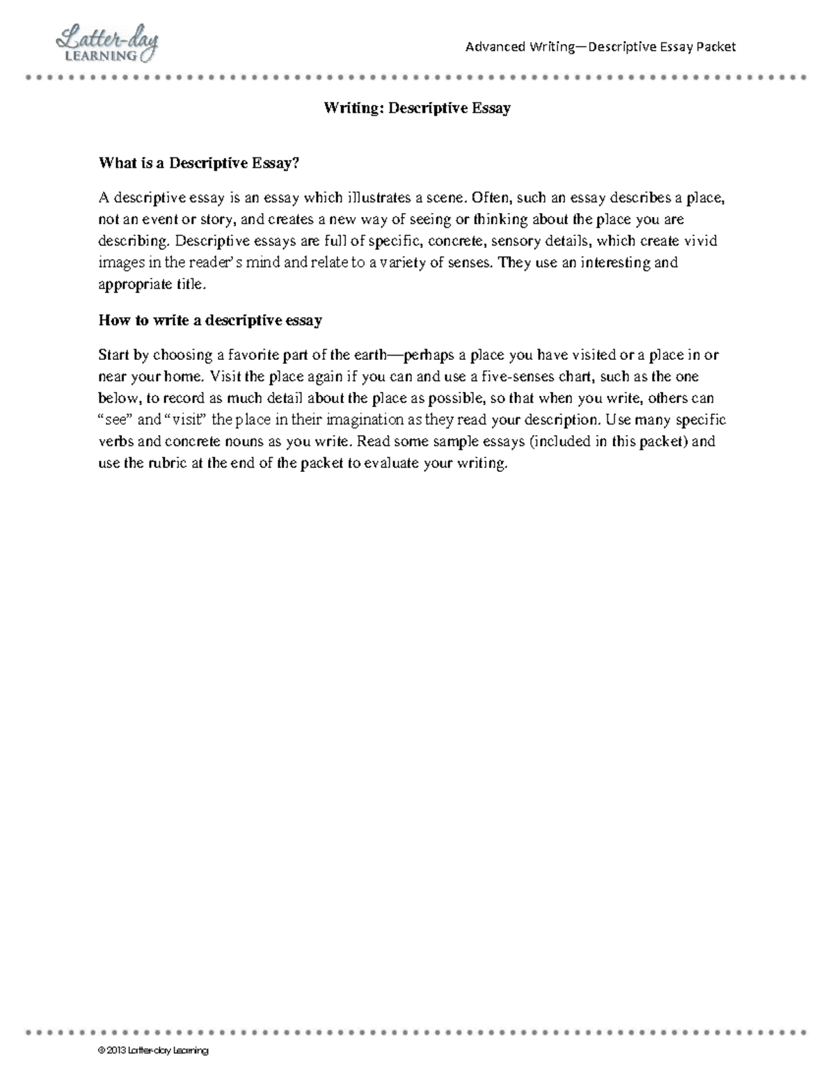 Writing Descriptive Example - Writing: Descriptive Essay What is a ...