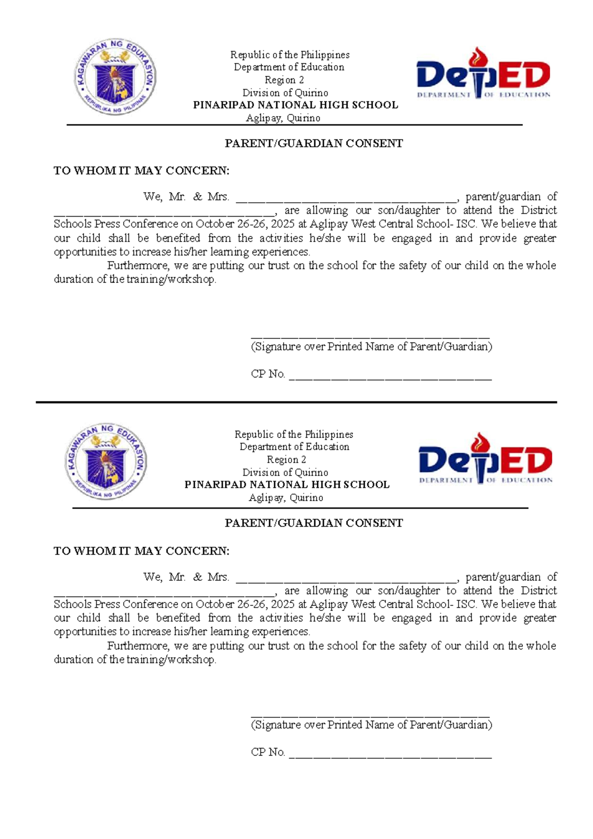 Parents' Consent for District Schools Press Conference 2025 - Studocu