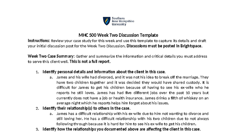 MHC 500 Week Two Discussion Template on Client Case Analysis - Studocu