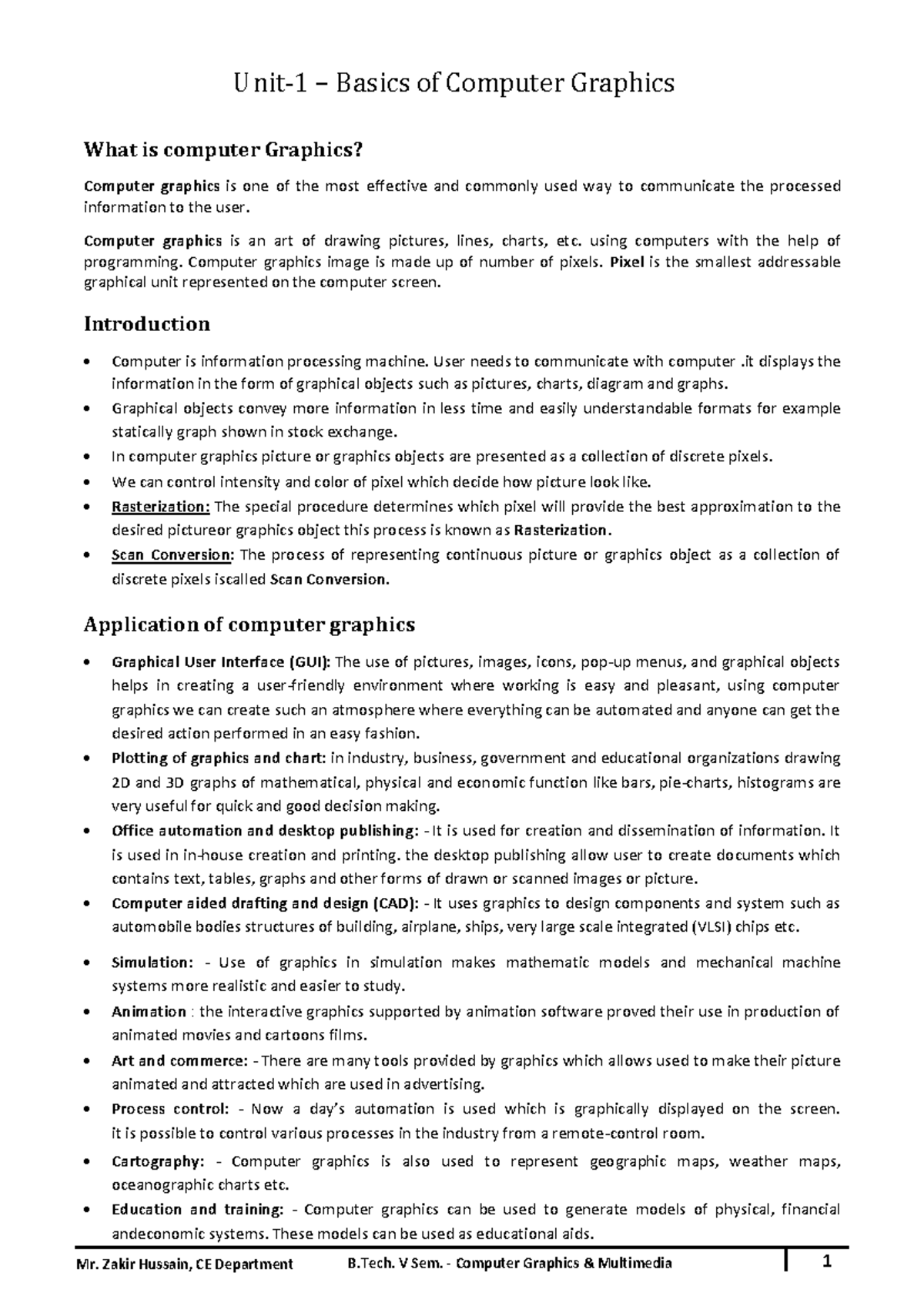 Unit-1 Basic Computer Graphics - Mr. Zakir Hussain, CE Department B. V ...