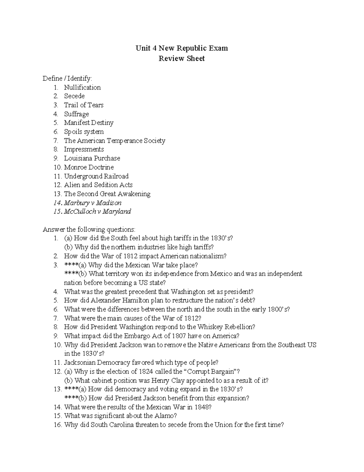 Unit 4 New Republic Exam review sheet 2015 - Unit 4 New Republic Exam ...