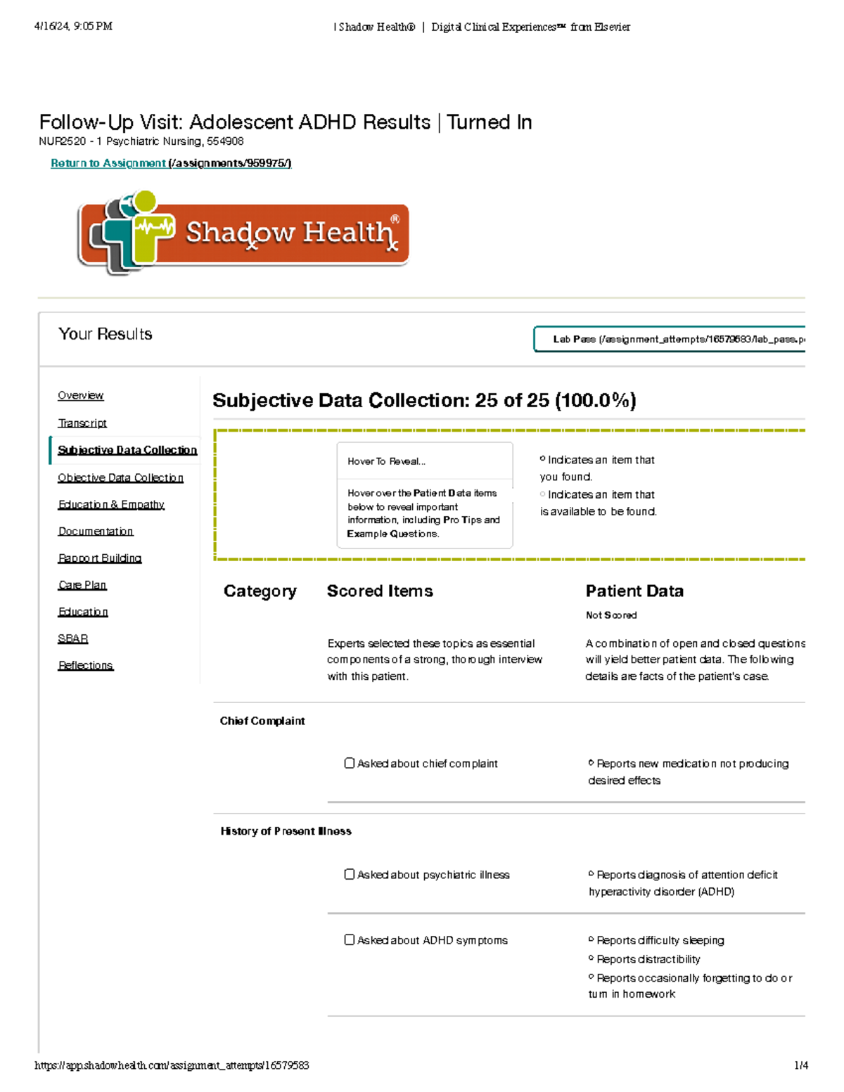 NUR2520 - ADHD Subjective Data Collection & Patient Simulation Report ...