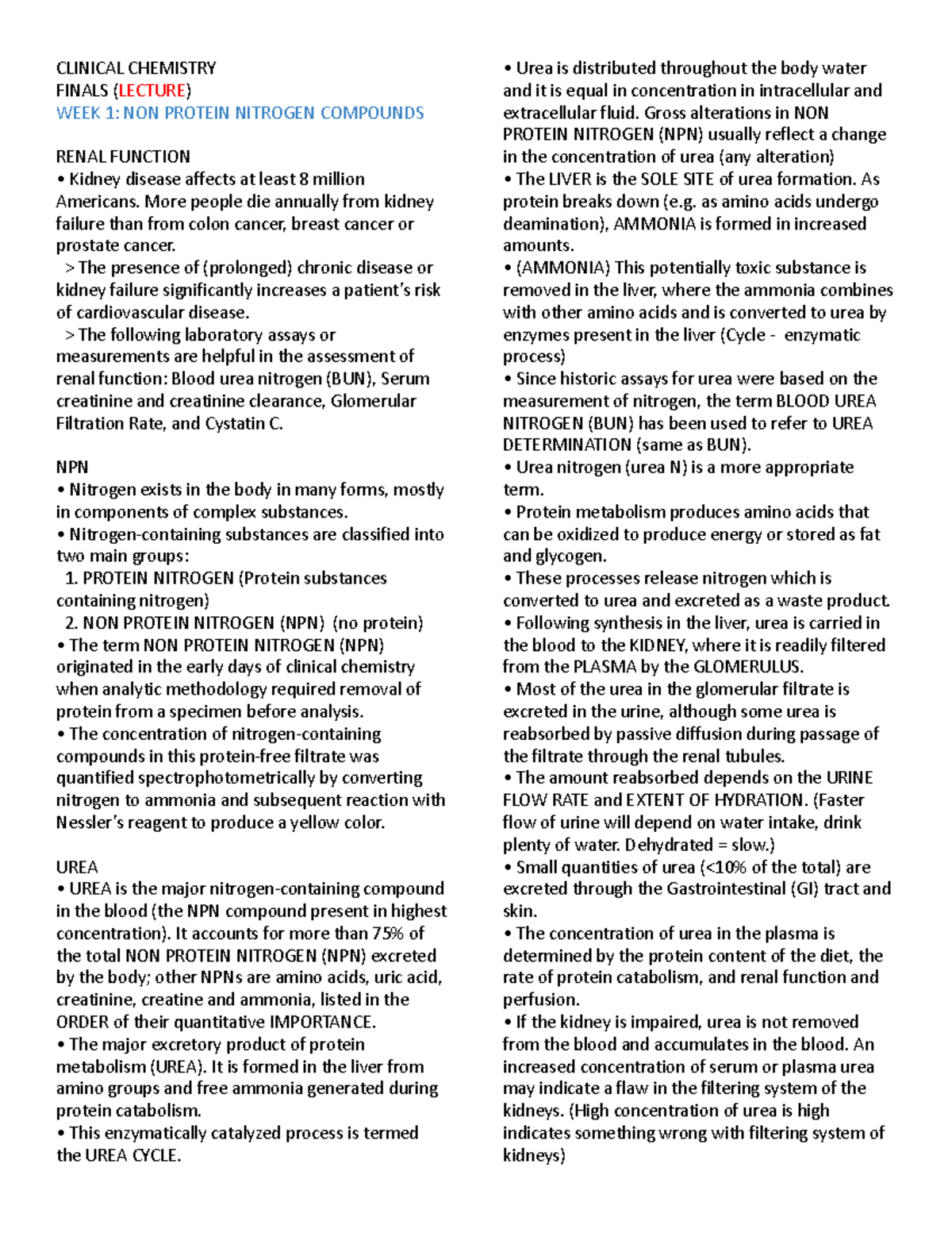 Clinical Chemistry: Lecture Notes for Finals on Renal Function and NPN ...