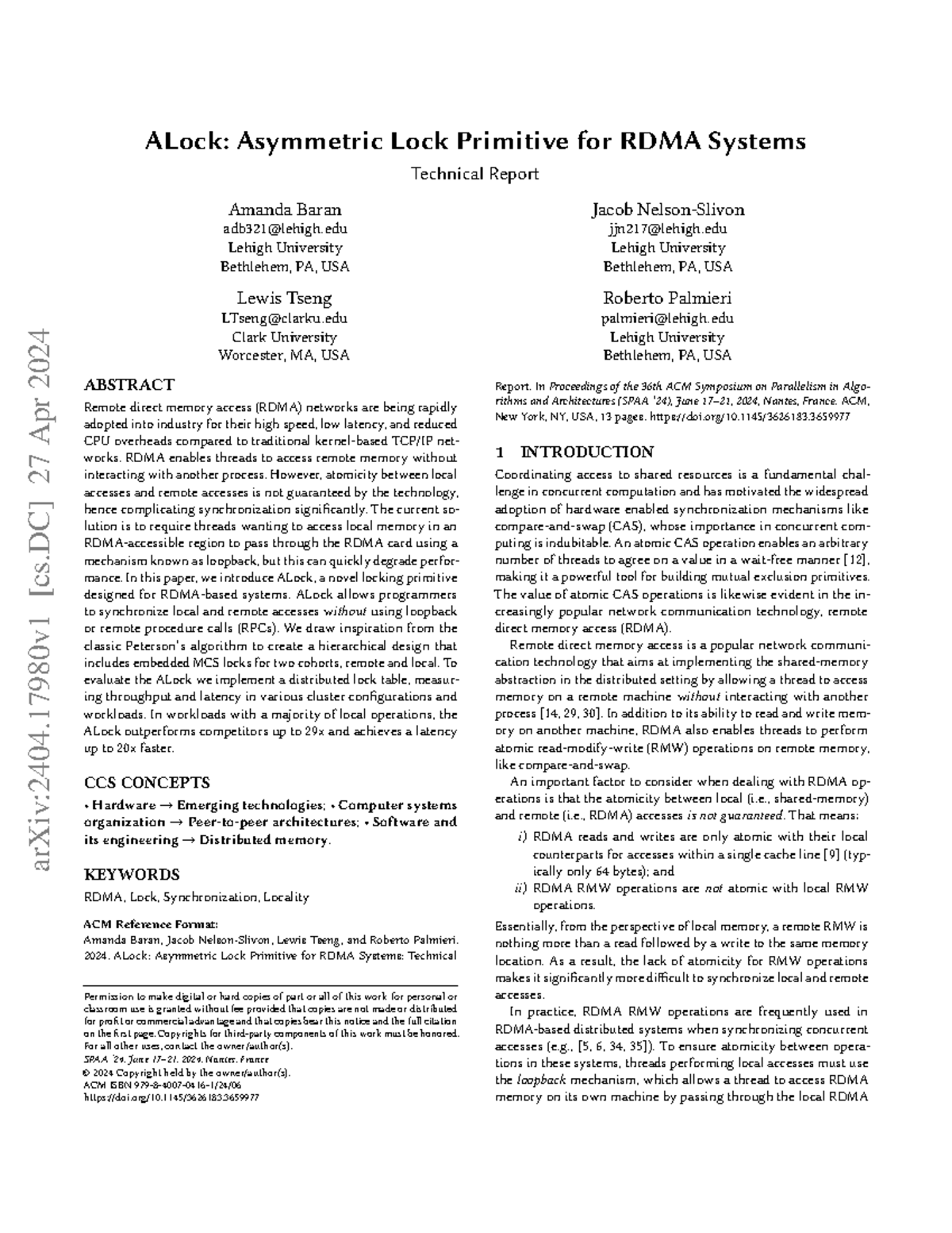 ALock: Asymmetric Lock Primitive for RDMA Systems - Technical Report ...