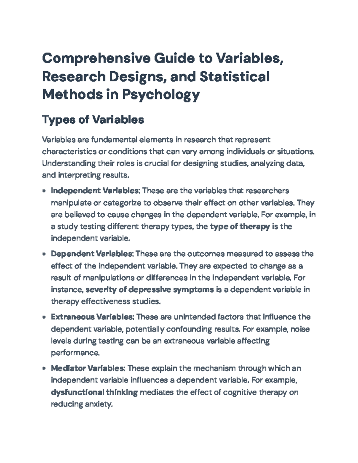 Comprehensive Guide to Variables & Research Designs in Psychology - Studocu