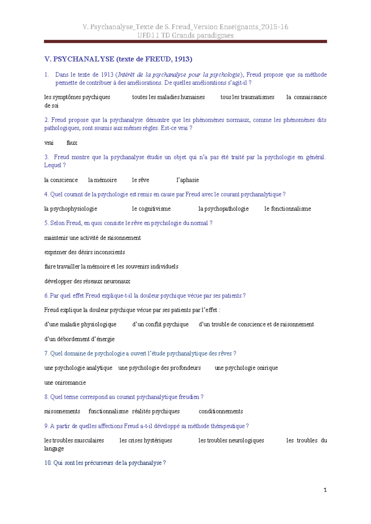 Questions Freud Version Etudiants 24-25 - V. Psychanalyse_Texte de S ...