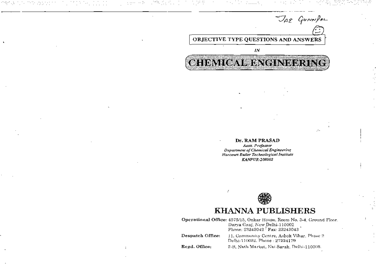 Objective Type Questions and Answers in Chemical Engineering (CHE 101