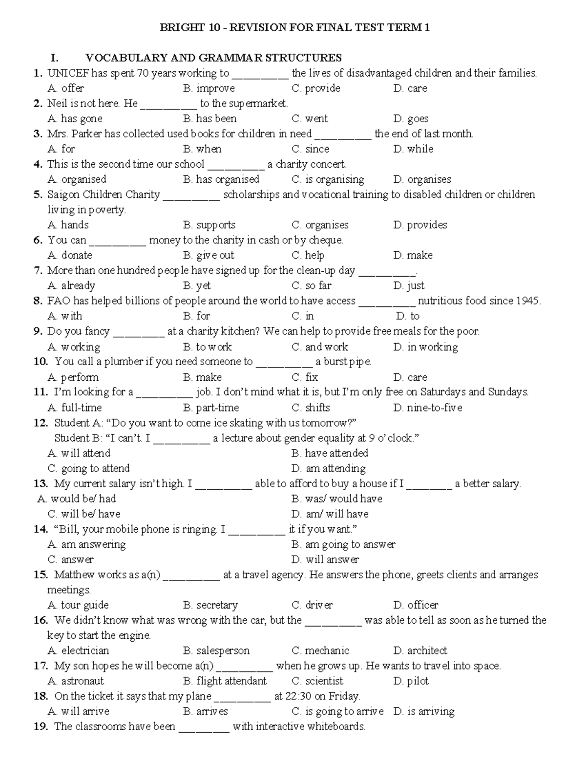 BRIGHT 10 REVISION FOR FINAL TEST TERM 1: VOCABULARY & GRAMMAR - Studocu