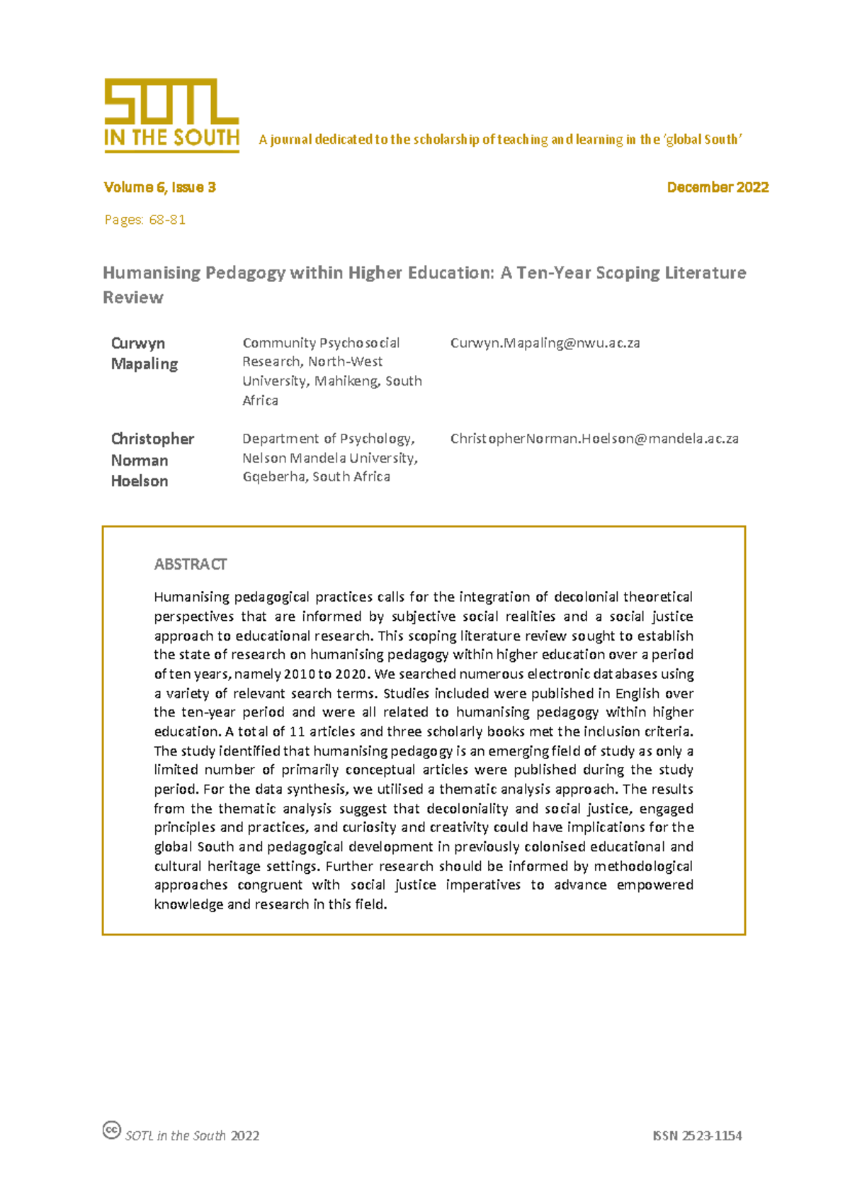 Humanising Pedagogy in Higher Education: A 10-Year Scoping Review (SOTL ...