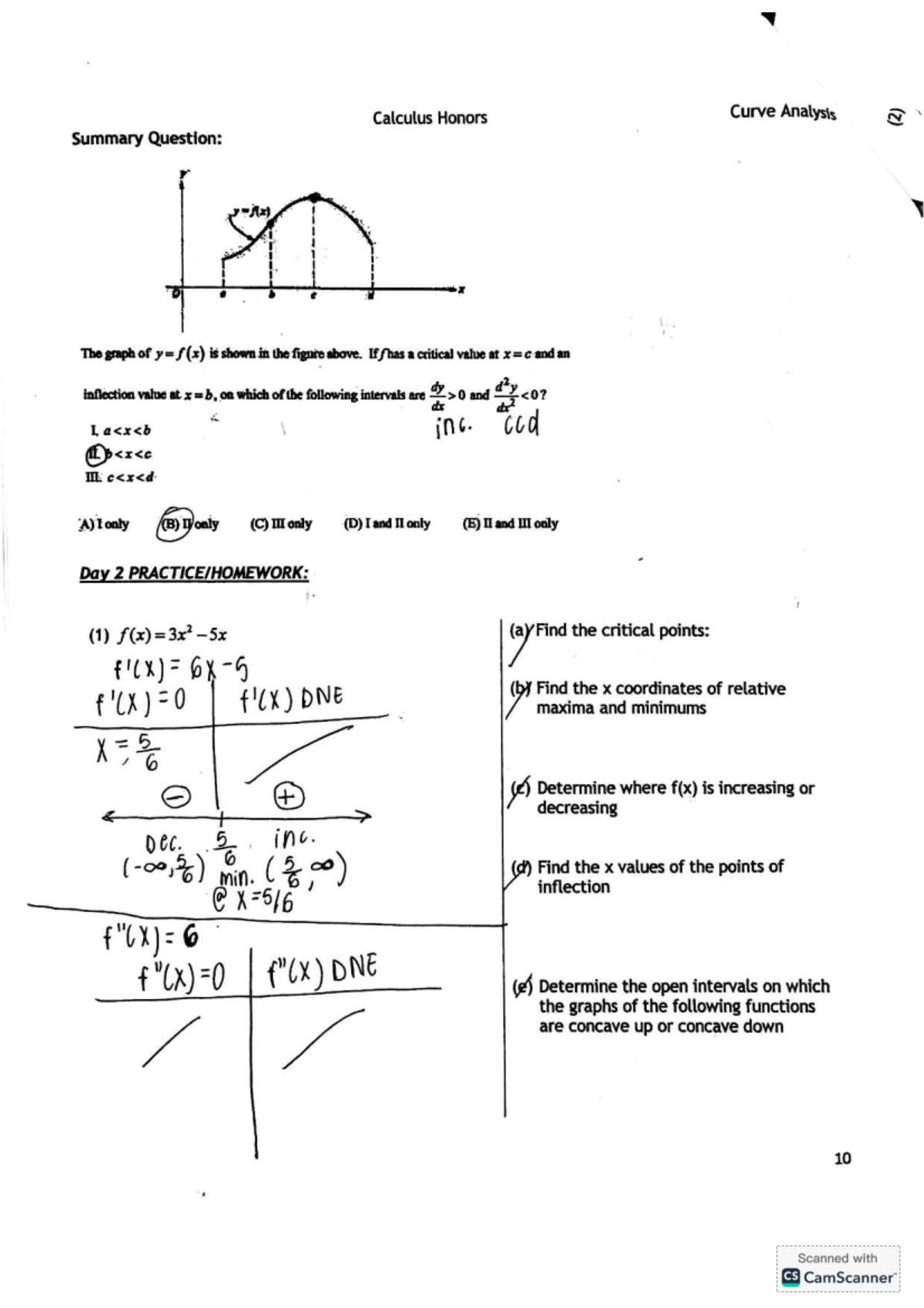 Calculus Honors Curve Analysis Summary and Critical Points - Studocu