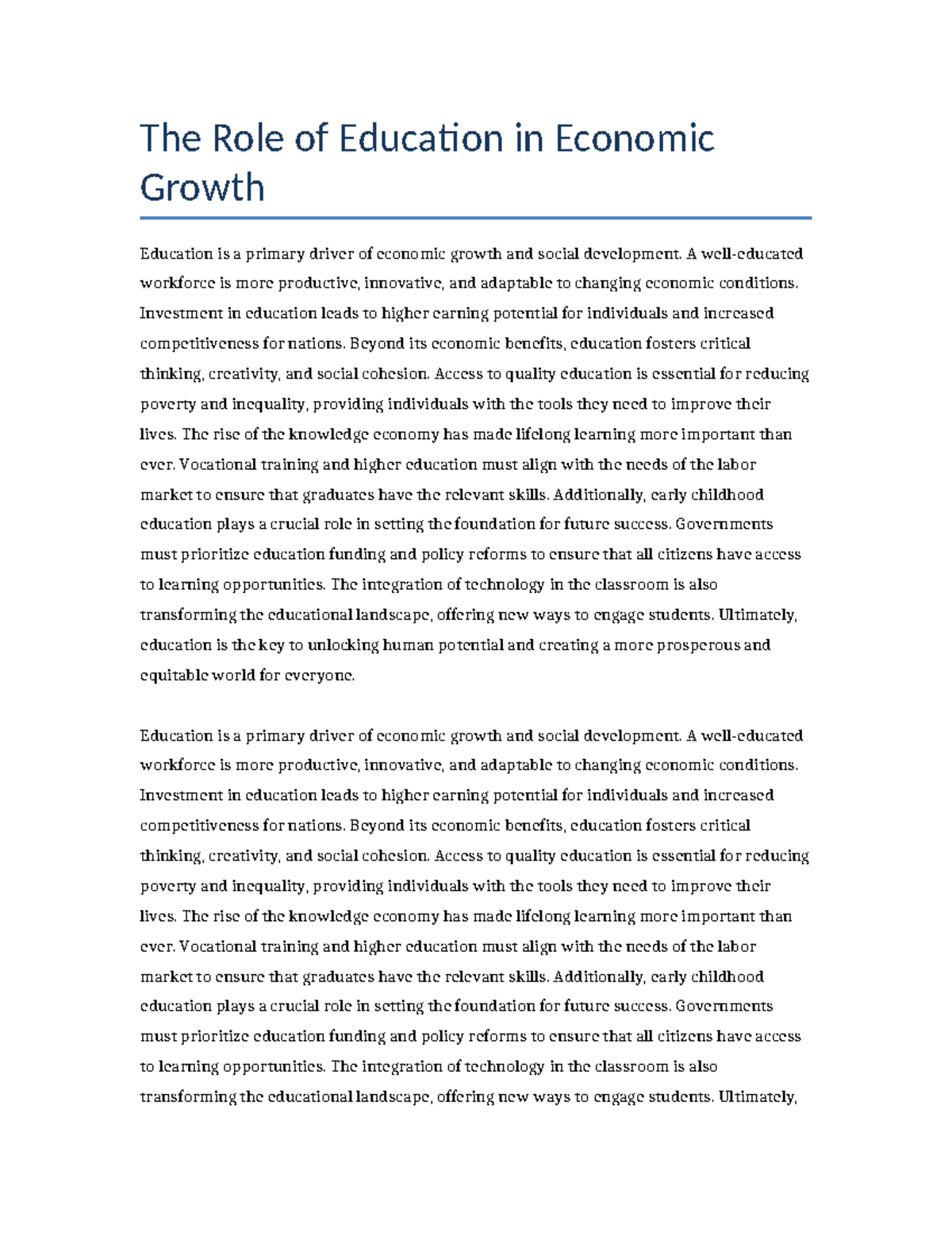 The Impact of Education on Economic Growth and Development - Studocu