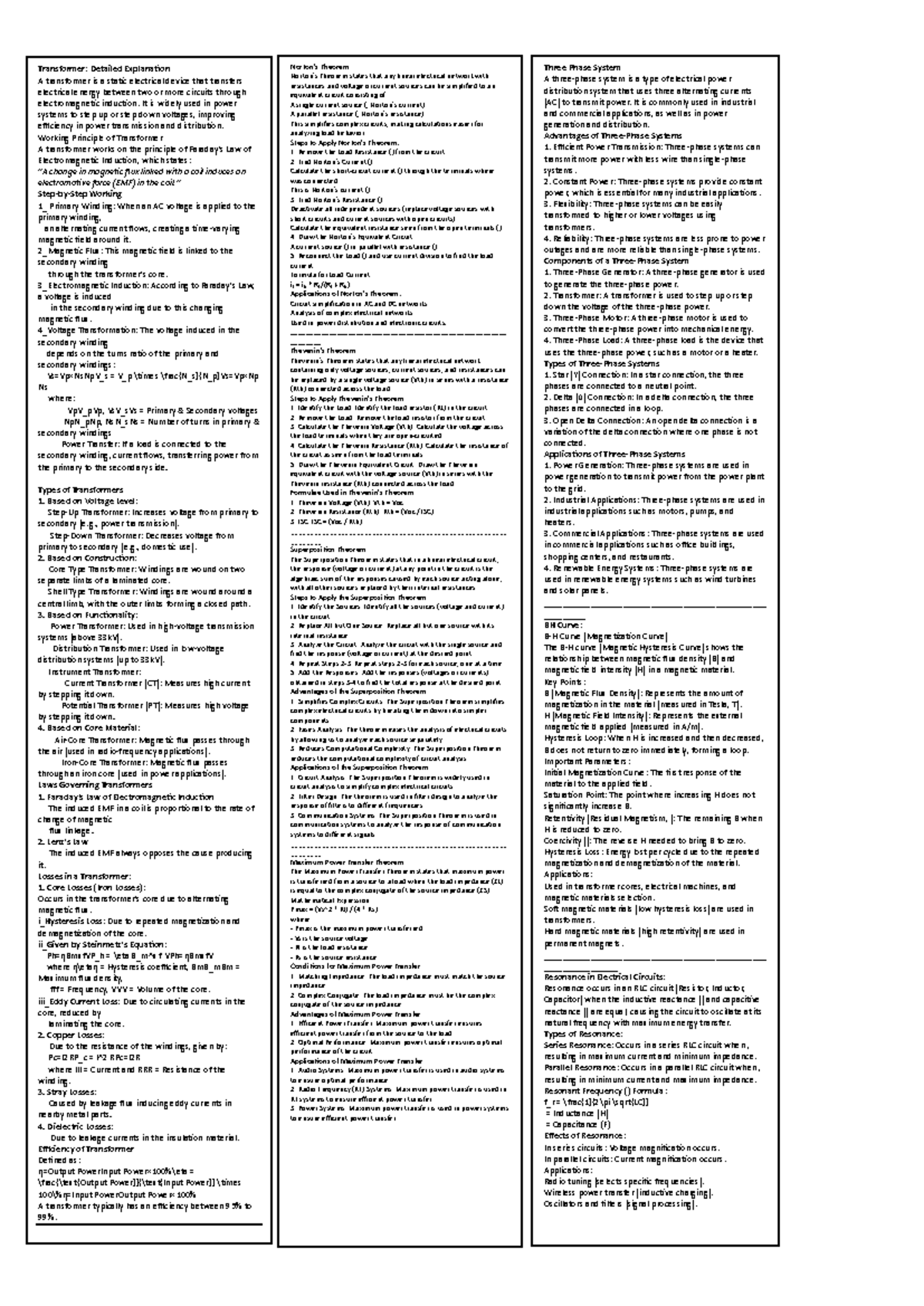 BEEE 101: Transformer Principles and Applications Cheat Sheet - Studocu