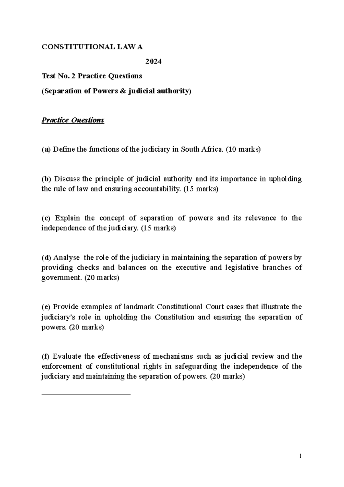 Constitutional Law A: Practice Questions on Separation of Powers ...