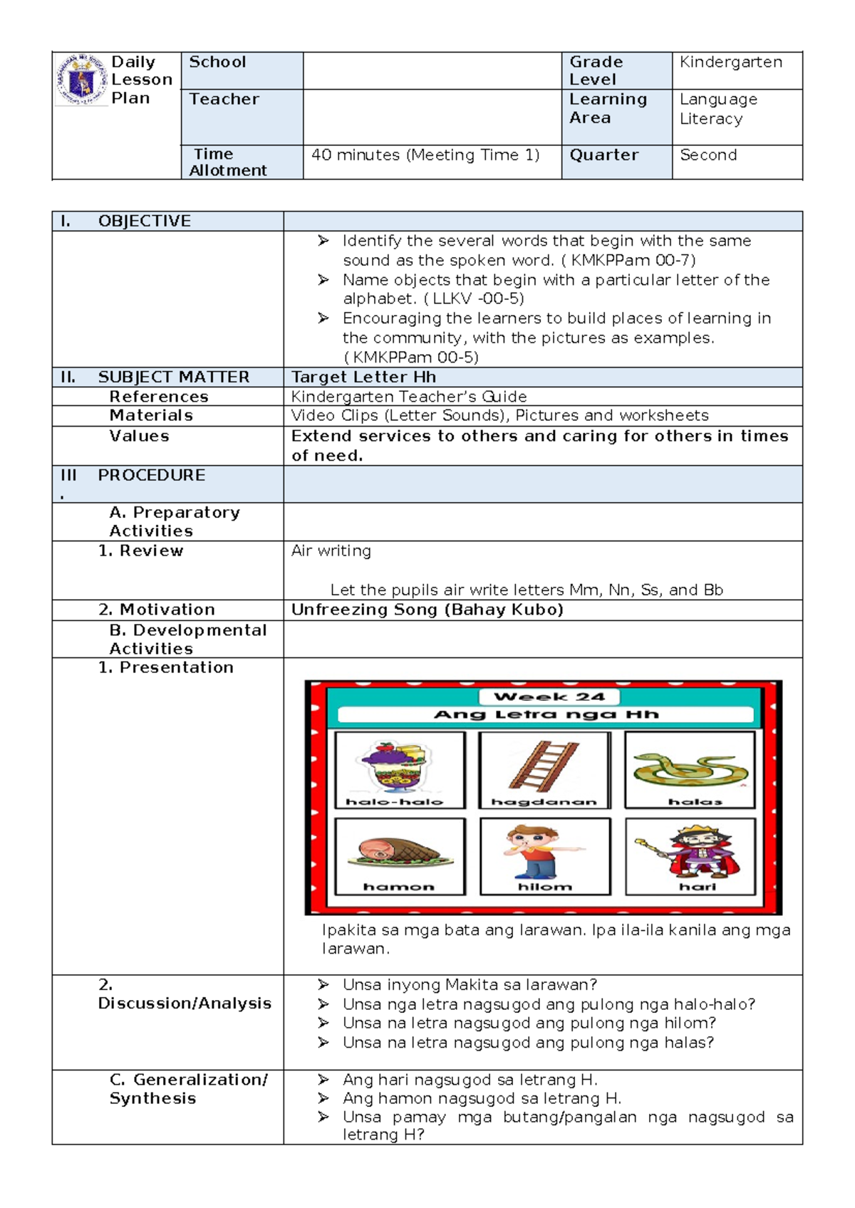 LESSON PLAN FOR KINDERGARTEN - Daily Lesson Plan School Grade Level ...