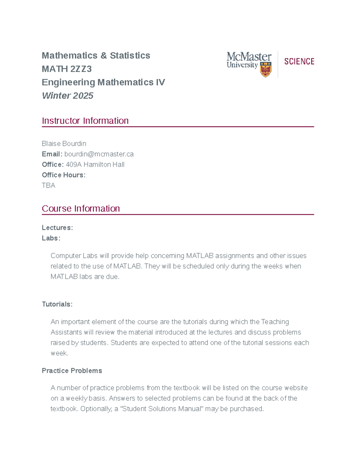 MATH 2ZZ3 Winter 2025 Engineering Mathematics IV Course Overview - Studocu