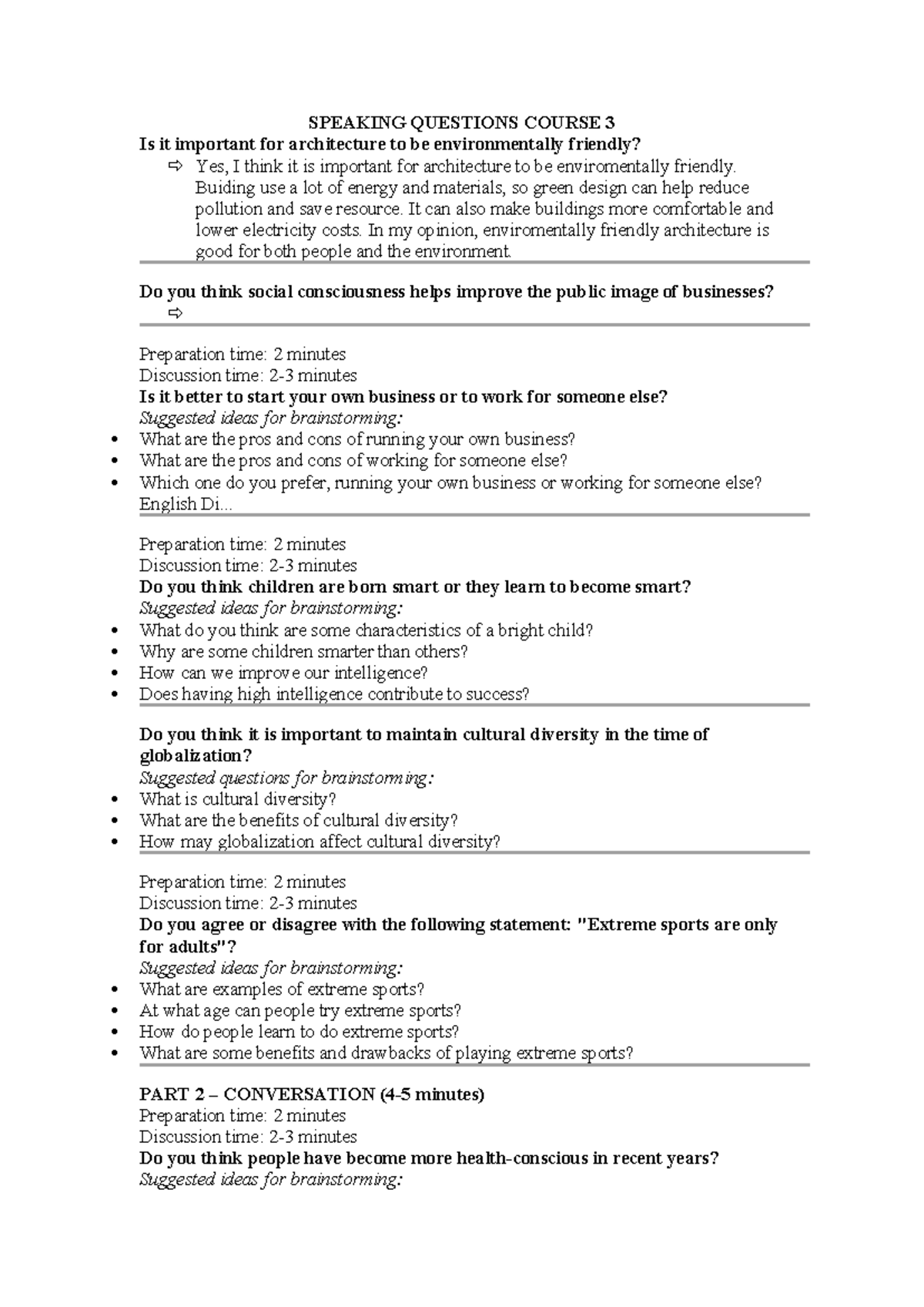 Speaking Questions for Course 3: Environmental & Social Topics - Studocu
