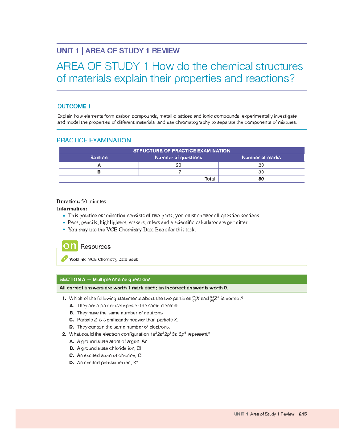 Unit 1A Chemistry Area of Study 1 Practice Exam Review - Studocu
