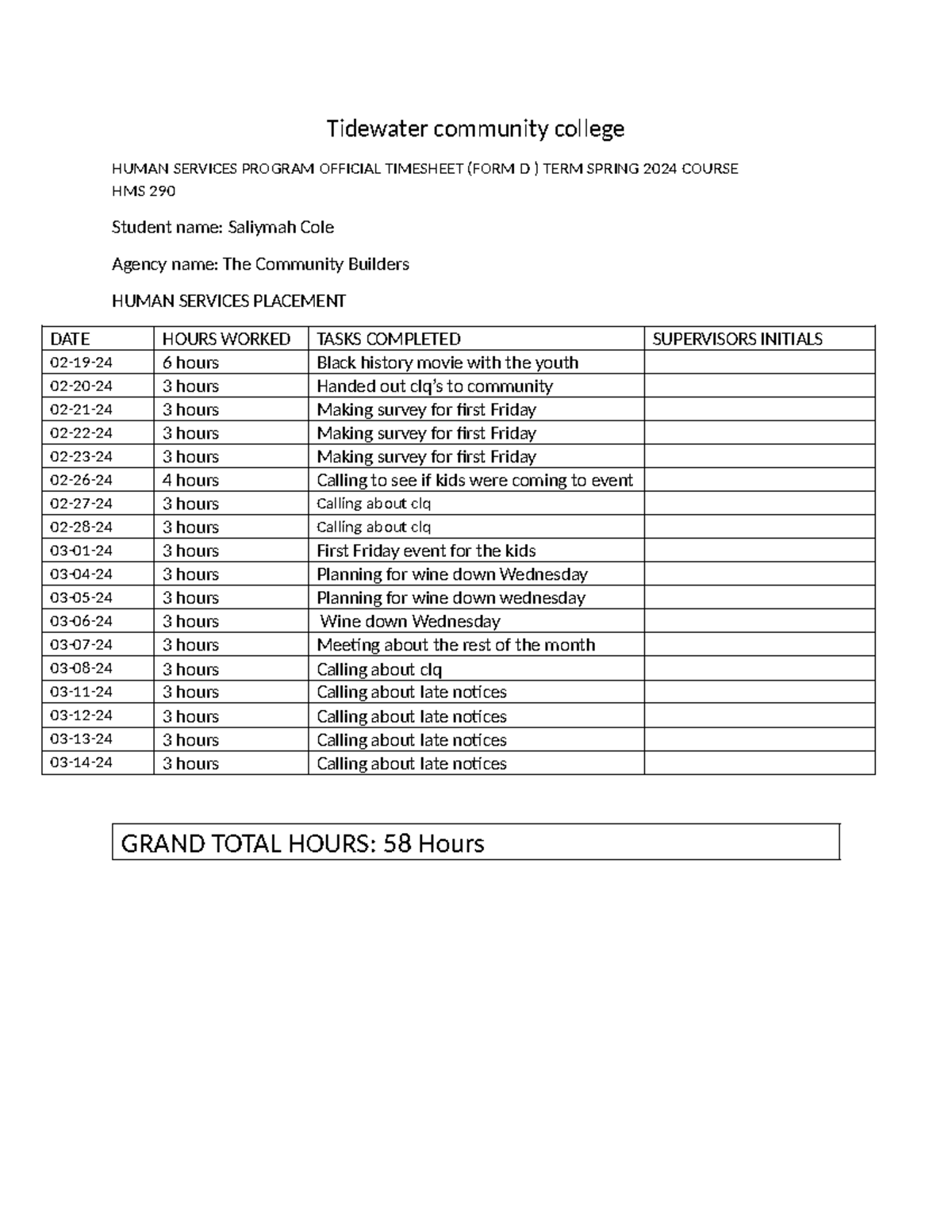 HMS 290 - Spring 2024 Human Services Timesheet Assignment - Studocu