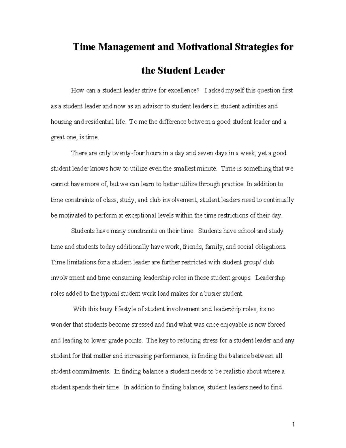 **Strategic Time Management & Motivation for Student Leaders (SL101 ...