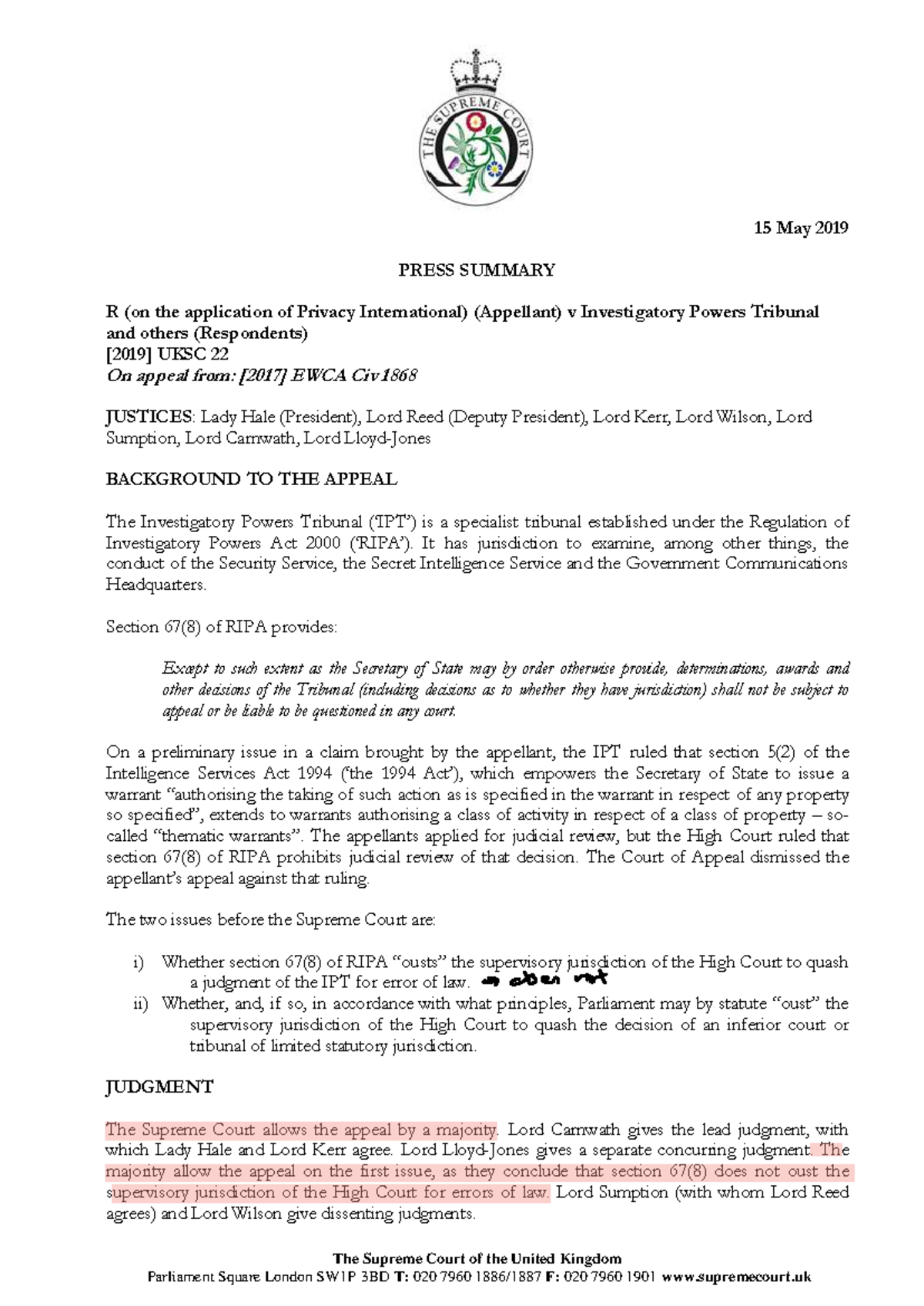 R v IPT: Supreme Court Judgment Summary on RIPA Section 67(8) - Studocu