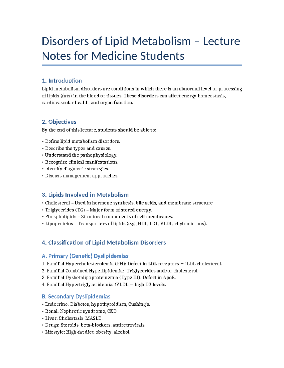 Lipid Metabolism Disorders Lecture Notes for Community Health 1 - Studocu