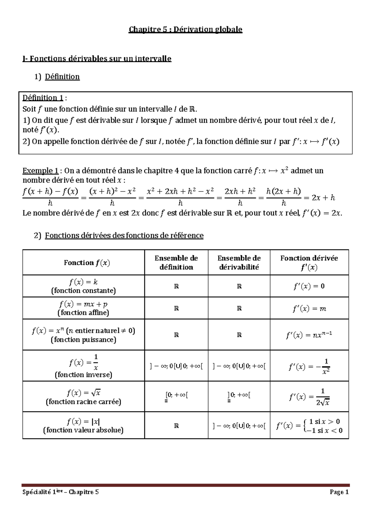 Chapitre 5 Dérivation globale - Chapitre 5 : Dérivation globale I ...