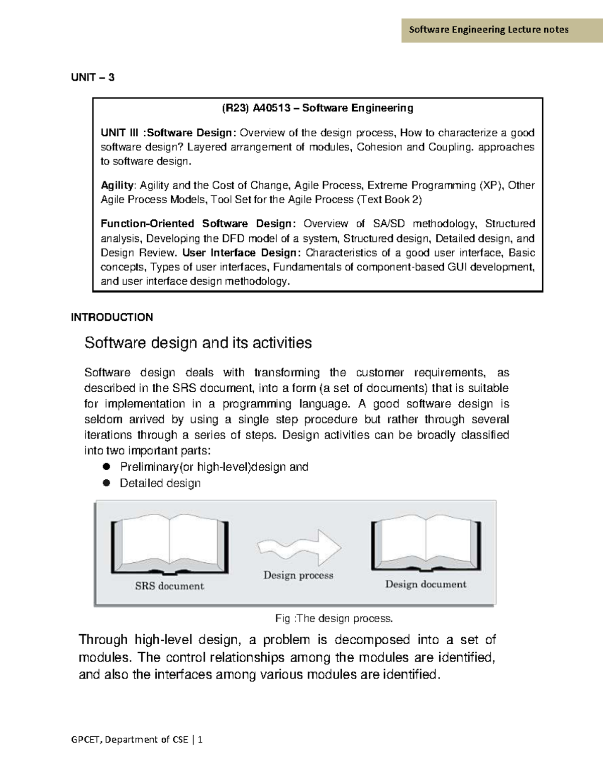 Software Engineering Lecture Notes: Unit 3 - Software Design Overview ...