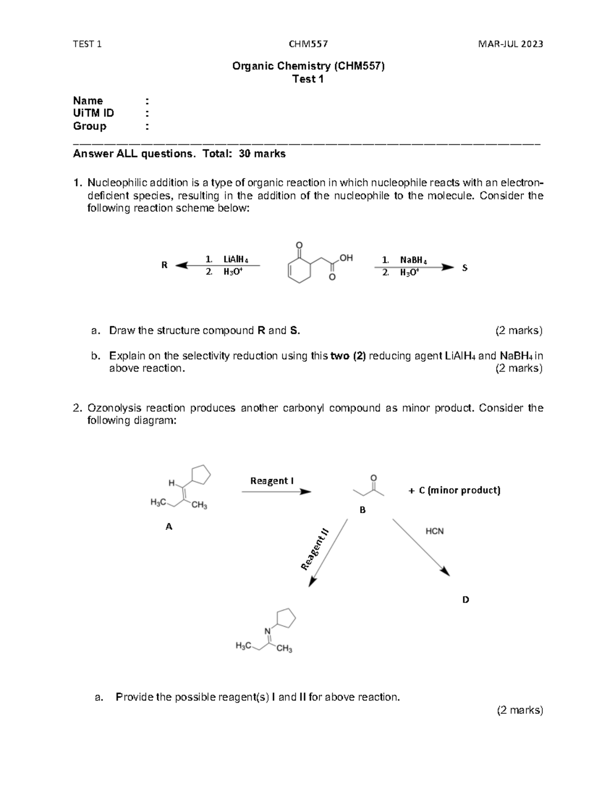 20232 T1 Organic Chemistry Test 1 Questions - CHM557 Mar-Jul 2023 - Studocu