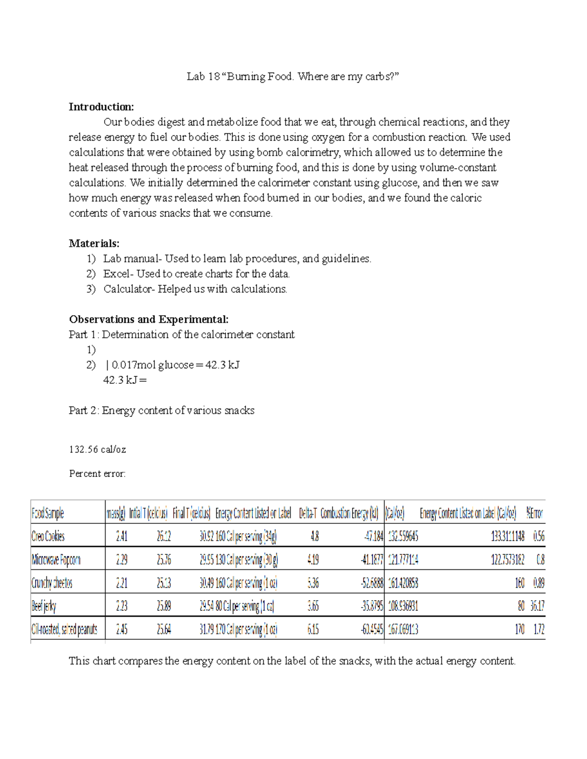 Chem 106 Lab 18: Analyzing Energy Content in Food Through Calorimetry ...